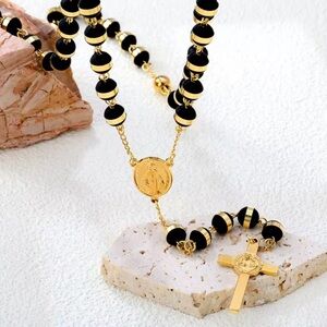 New Anthony Jacobs Stainless Steel Prayer Rosary 28" Lariat Necklace